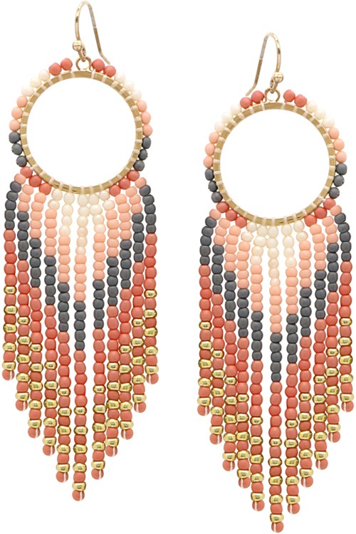 Pink Hoop Frame Chevron Metal Seed Bead Tassel Earring