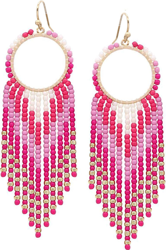 Hoop Frame Chevron Metal Seed Bead Tassel Earring