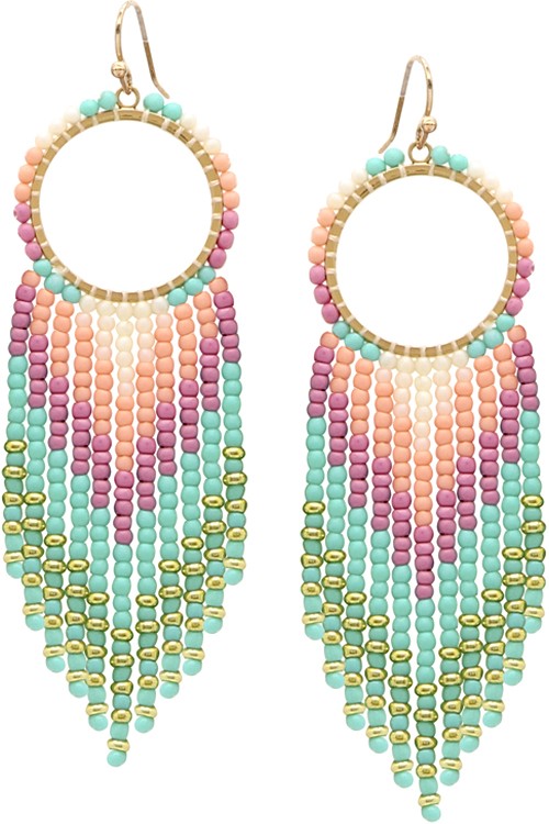 Turquoise Hoop Frame Chevron Metal Seed Bead Tassel Earring