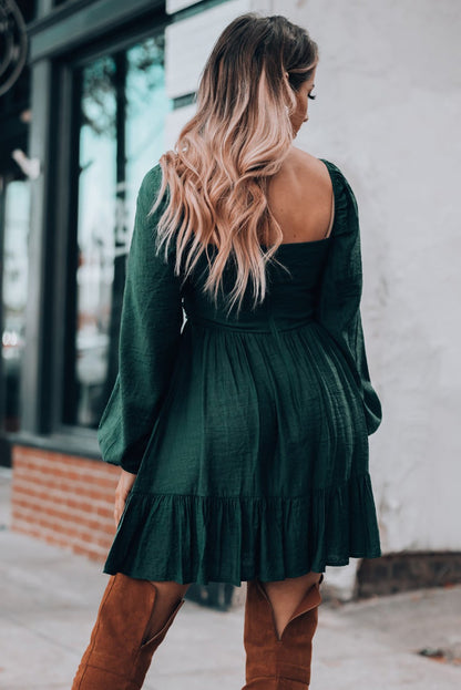Green Ruched Square Neck Puff Sleeve MIni Dress