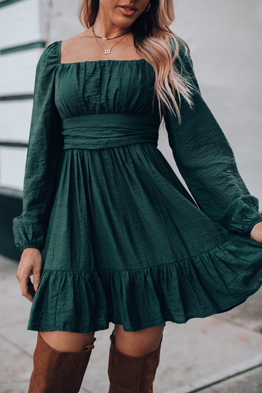 Green Ruched Square Neck Puff Sleeve MIni Dress