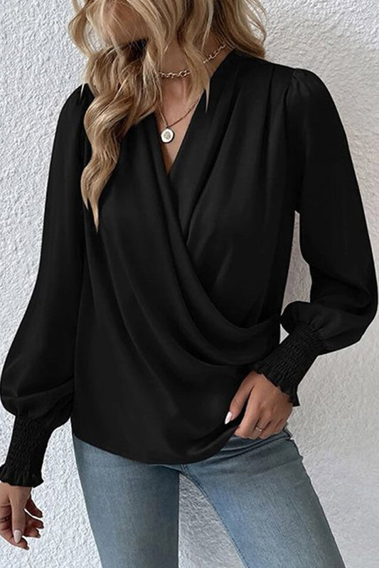 Black Drape V Neck Smocked Long Sleeve Blouse