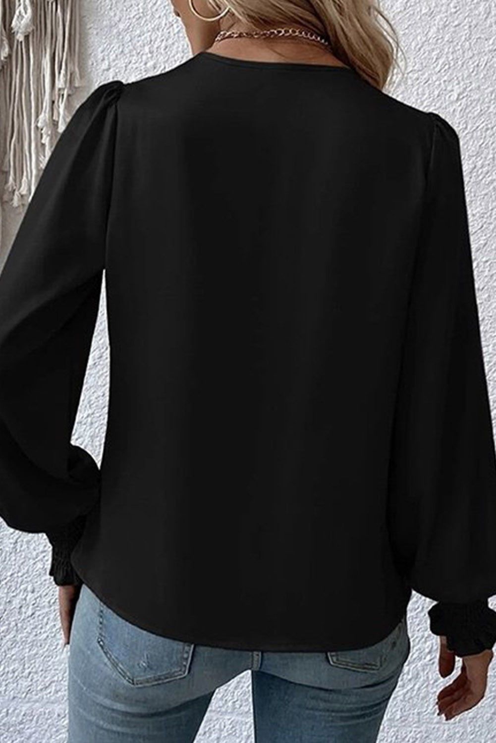 Black Drape V Neck Smocked Long Sleeve Blouse