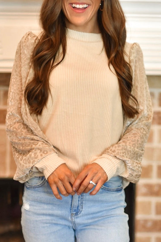 Leopard Print Long Sleeve Ribbed Knit Blouse
