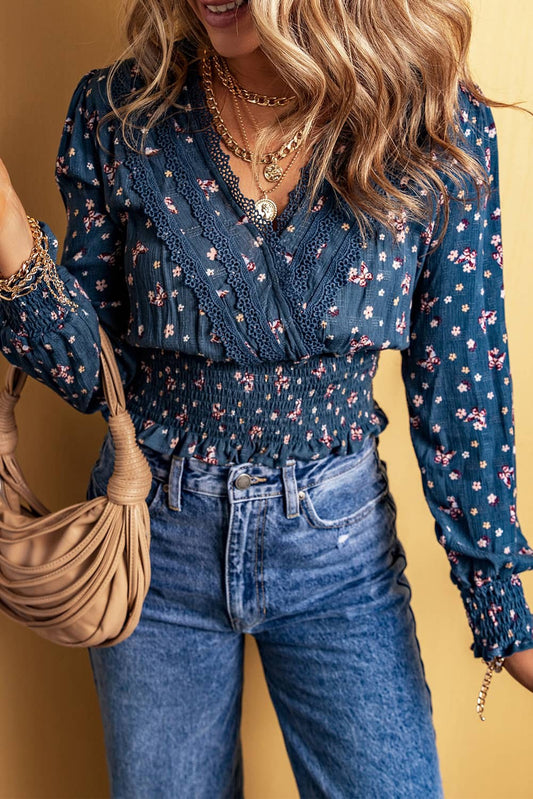 Blue Floral Lace Detail V Neck Long Sleeve Top