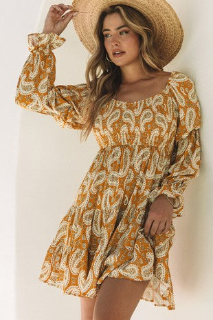 Boho Paisley Long Sleeve Floral Dress