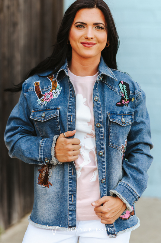 Mid Wash Elevated Western Patch Denim Shacket
