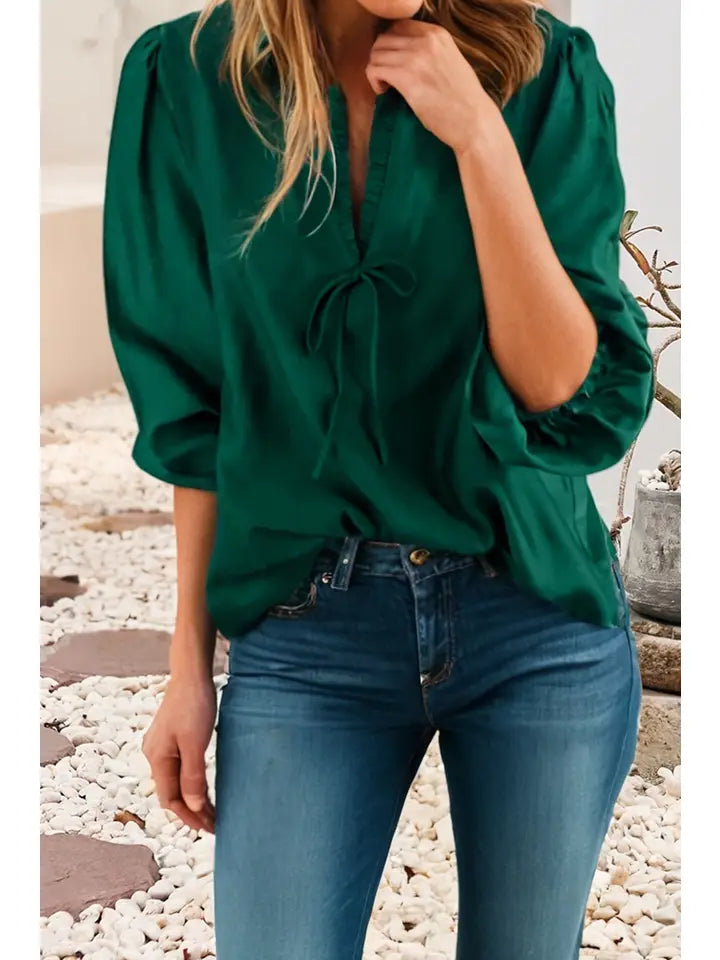Frilled V Neck Bow 3/4 Sleeve Blouse