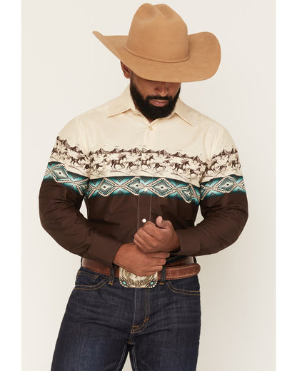 Panhandle Slim Men's Southwestern Horse Border Print Long Sleeve Pearl Snap Western Shirt