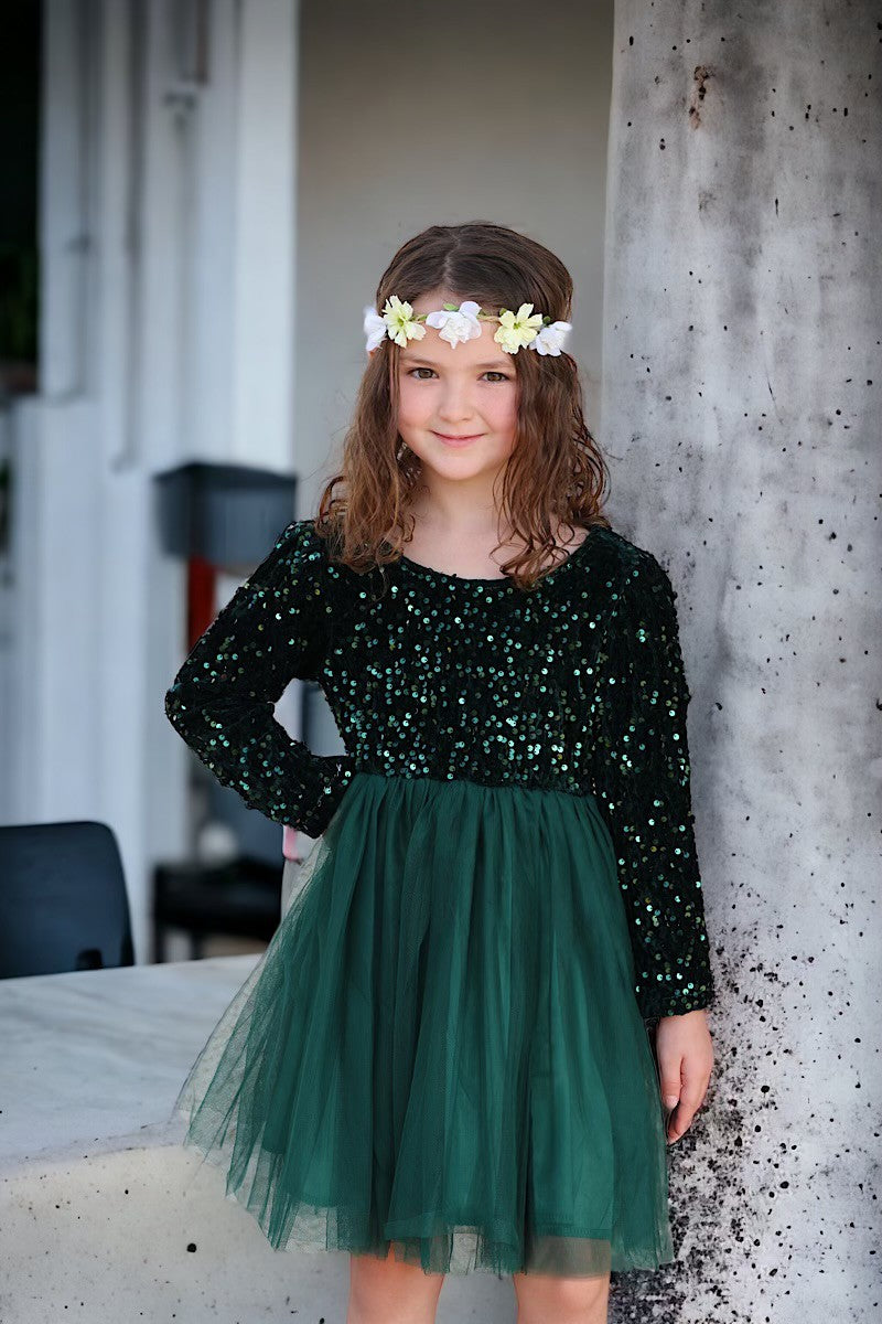 FOREST GREEN SEQUINS DRESS WITH TULLE SKIRT