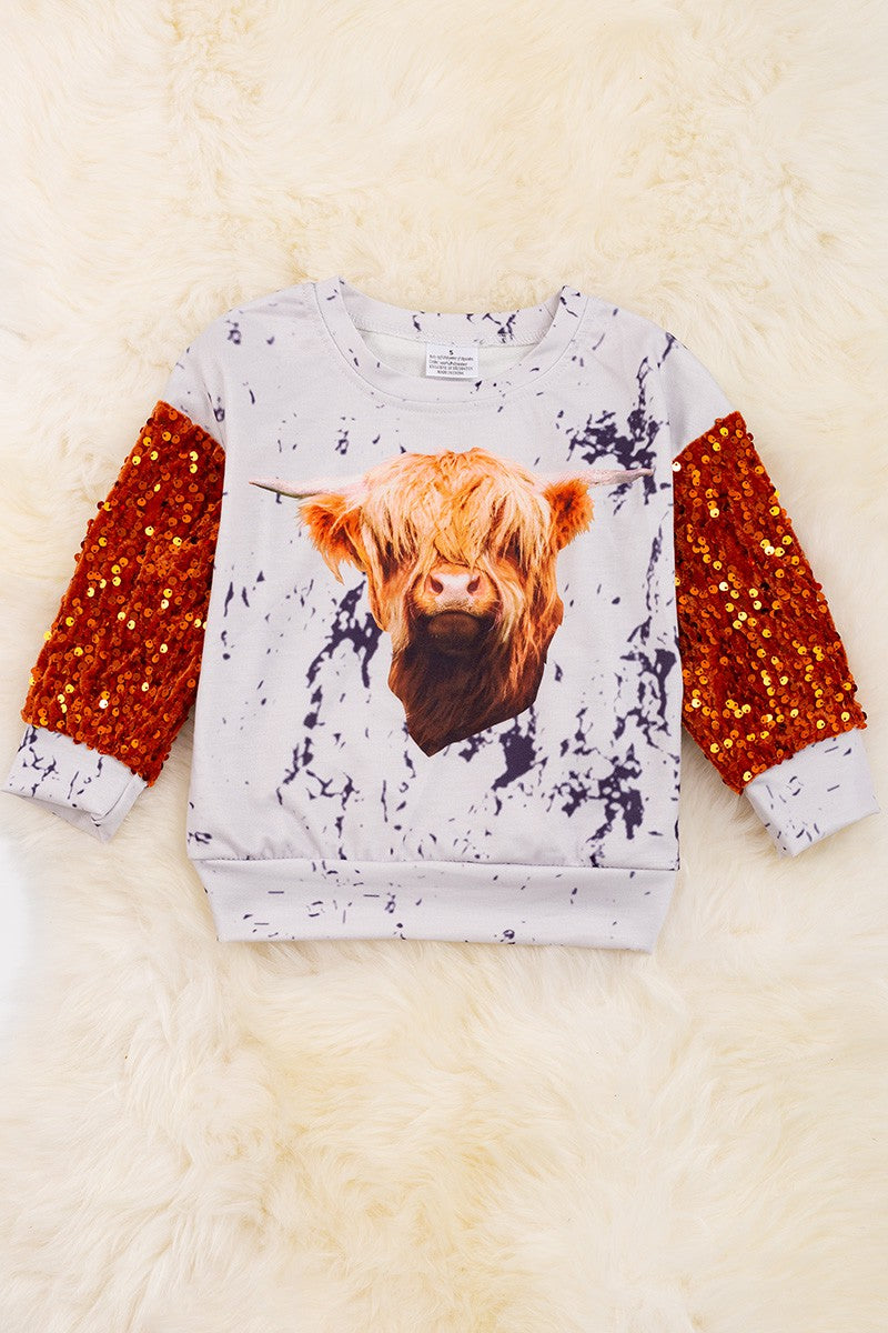 HIGHLAND COW PRINTED GIRLS SWEATSHIRT WITH SEQUINS SLEEVES