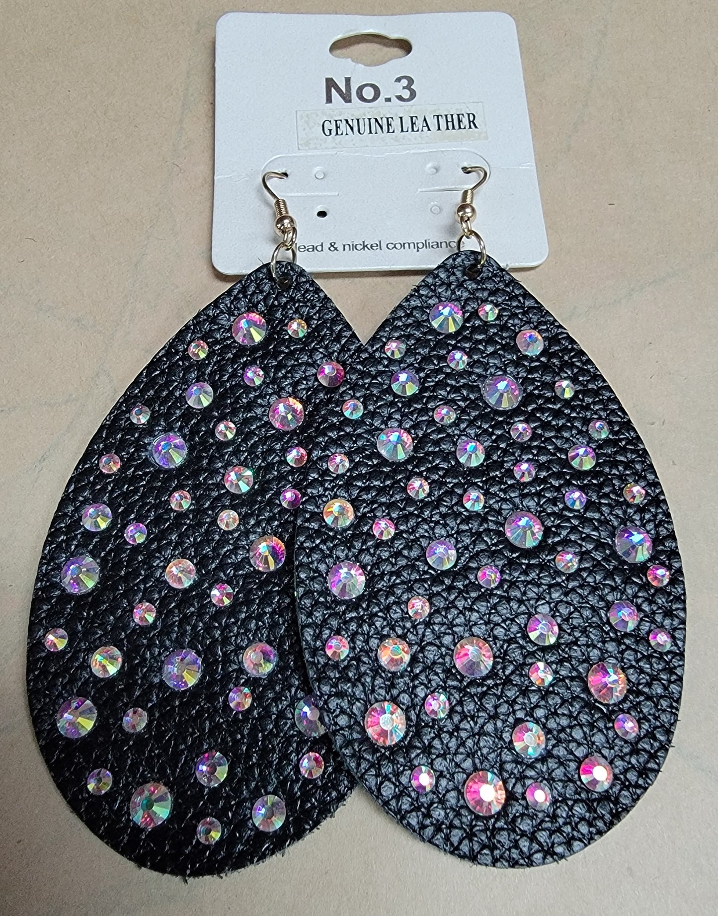 LEATHER AND RHINESTONE TEARDROP EARRINGS
