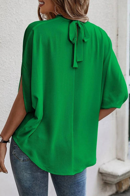 Bright Green Solid Batwing Sleeve Knotted Blouse
