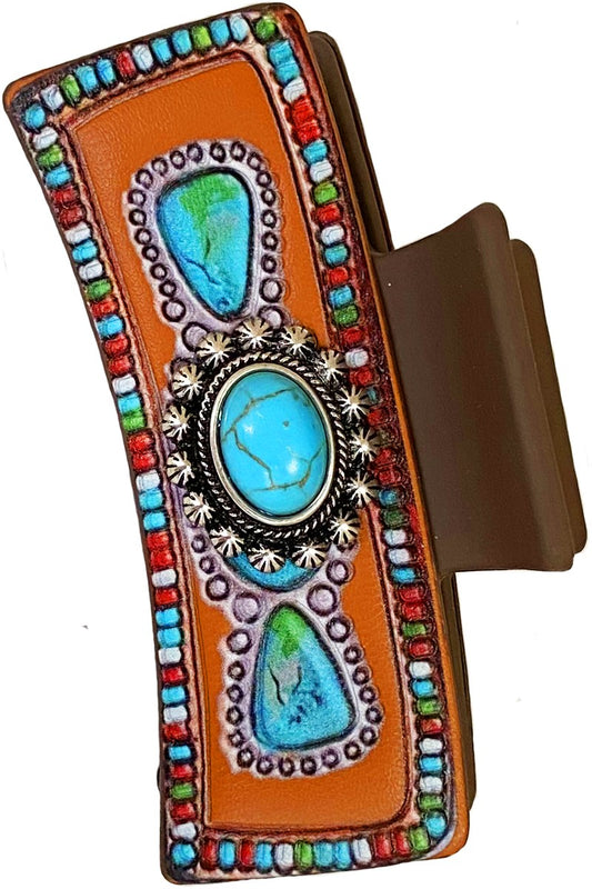 WESTERN CONCHO AZTEC TURQUOISE LEATHER HAIR CLAW CLIP