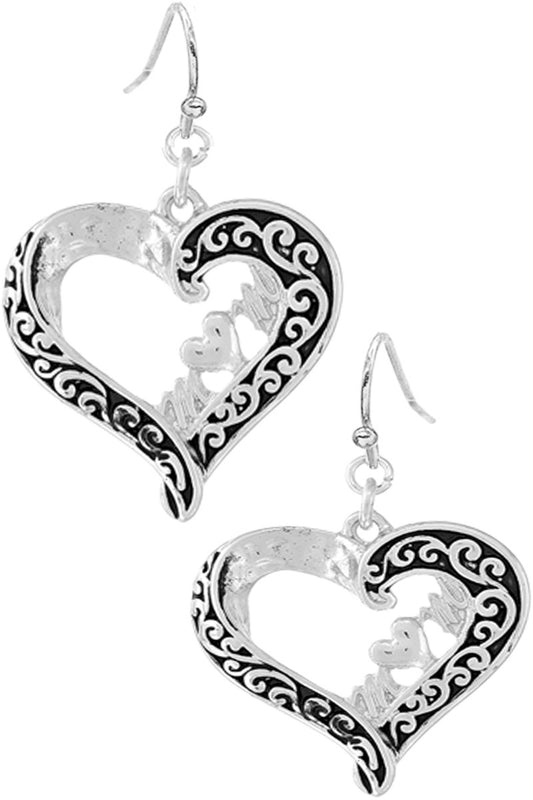 PAISLEY TEXTURED MOM MESSAGE OPEN HEART EARRING
