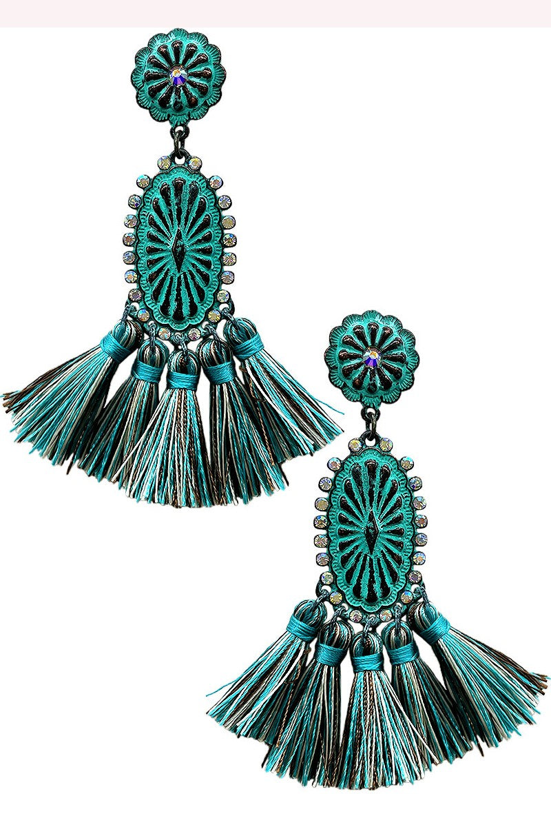 WESTERN AB CONCHO FLOWER THREAD TASSEL EARRING