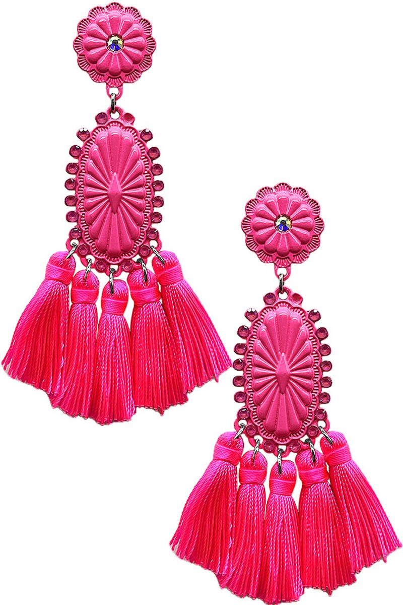 WESTERN AB CONCHO FLOWER THREAD TASSEL EARRING