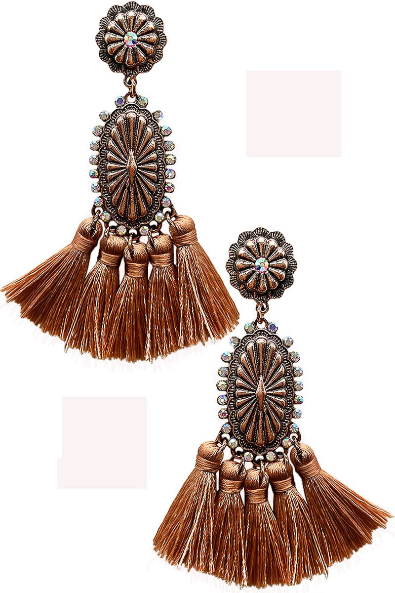 WESTERN AB CONCHO FLOWER THREAD TASSEL EARRING