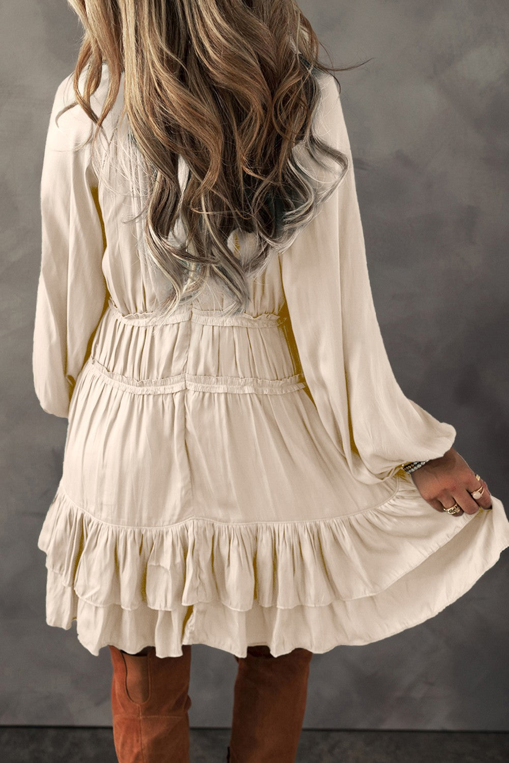 Tiered Ruffled Puff Sleeve Apricot Loose Fit Mini Dress