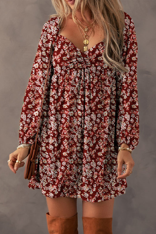 Floral Sweetheart Neck Shirred Back Mini Dress