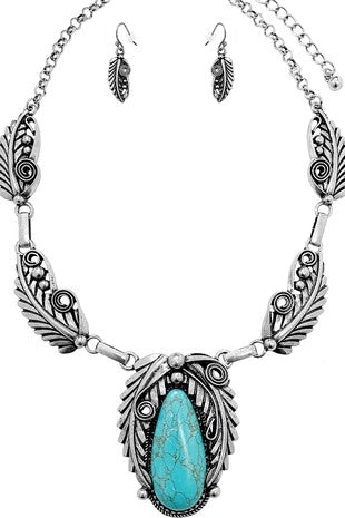 Gemstone Leaf Pendant Chain Necklace Set