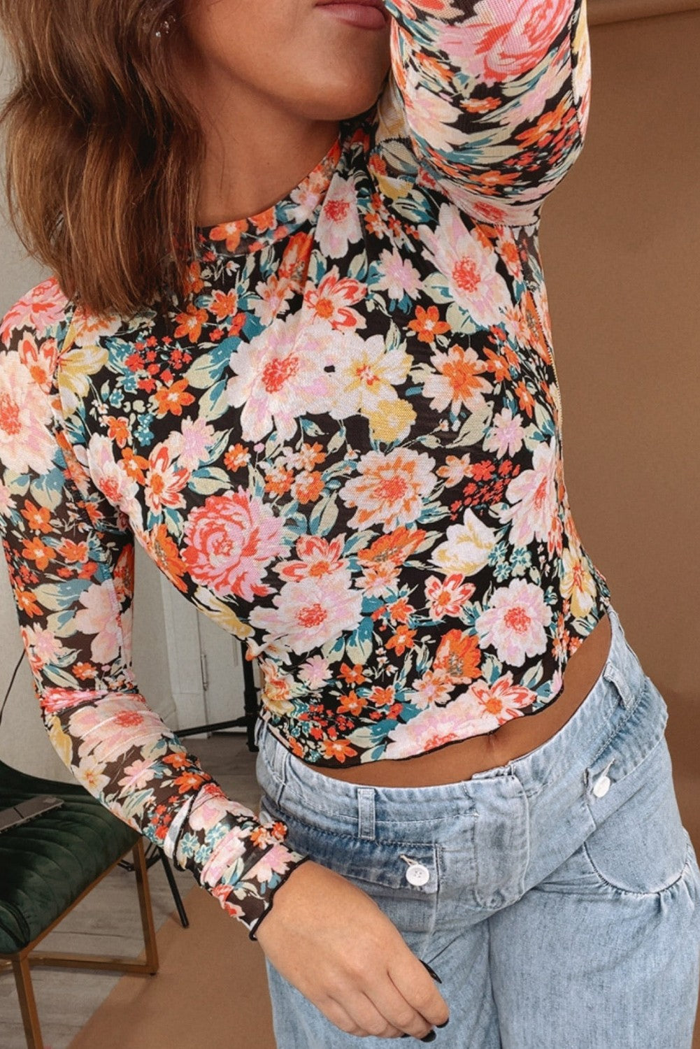 Floral Long Sleeve Round Neck Slim Mesh Top