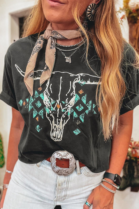 Western Bull Head Skull Turquoise Graphic T Shirt