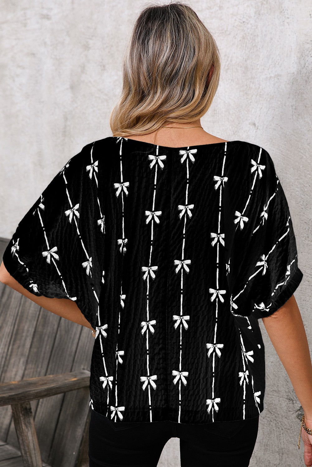 Bow Print Puff Short Sleeve Top