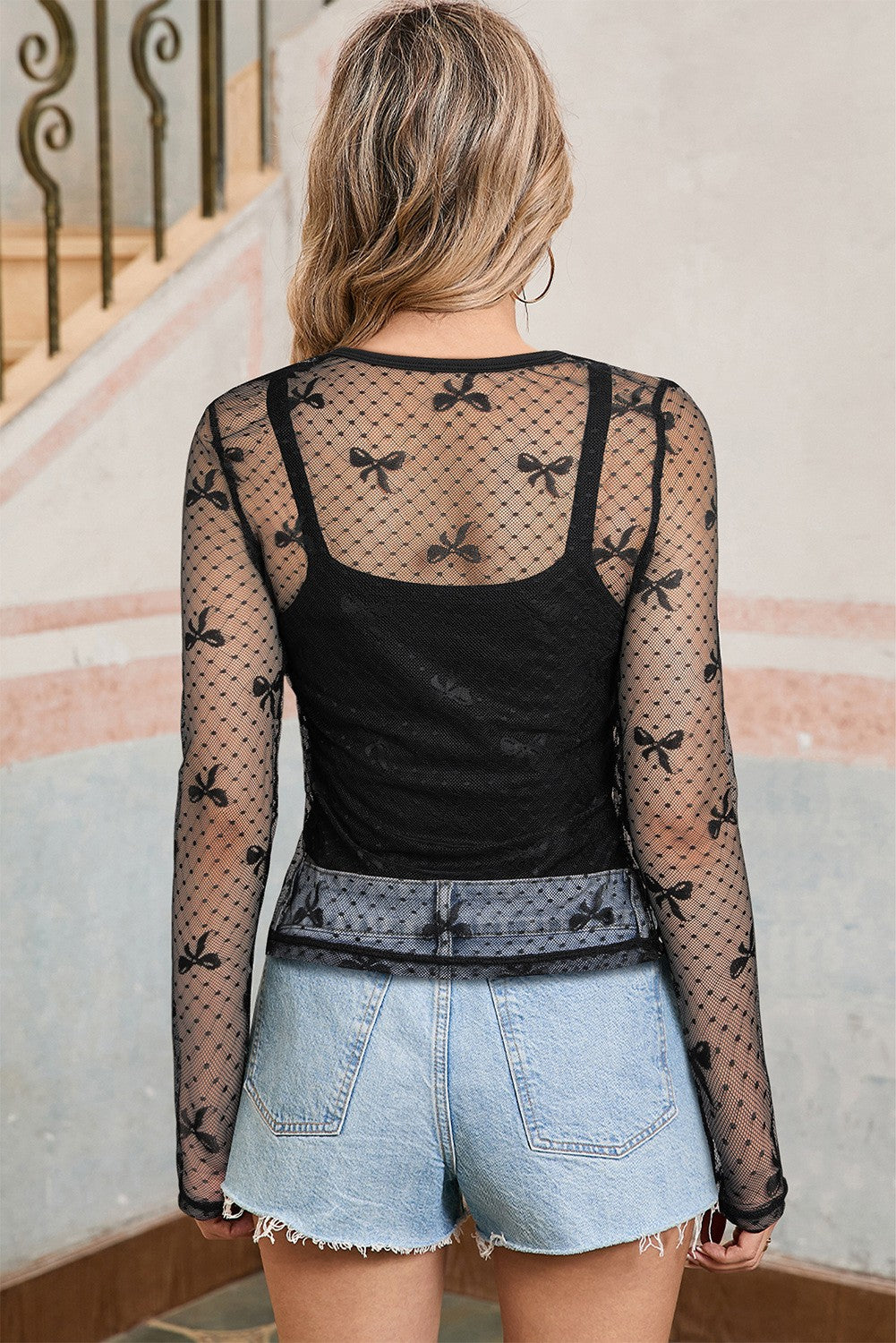 Bow Pattern Accent Mesh Long Sleeve Top