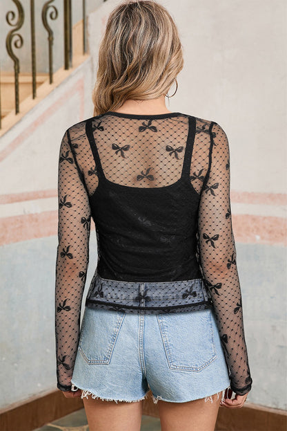 Bow Pattern Accent Mesh Long Sleeve Top