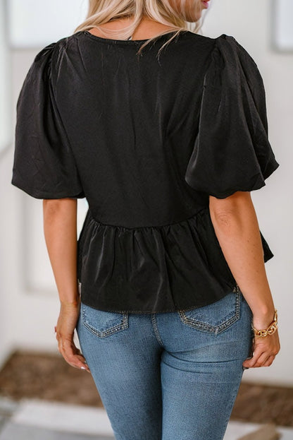 Puff Sleeve Bowknot Front Peplum Blouse