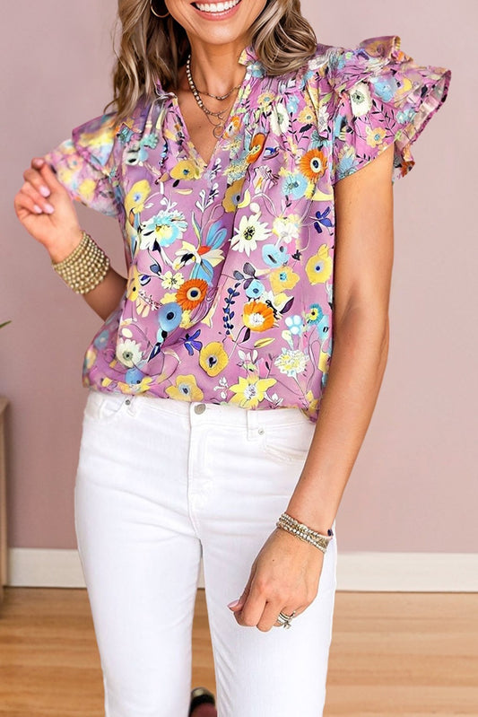 Flutter Sleeve V Neck Floral Top