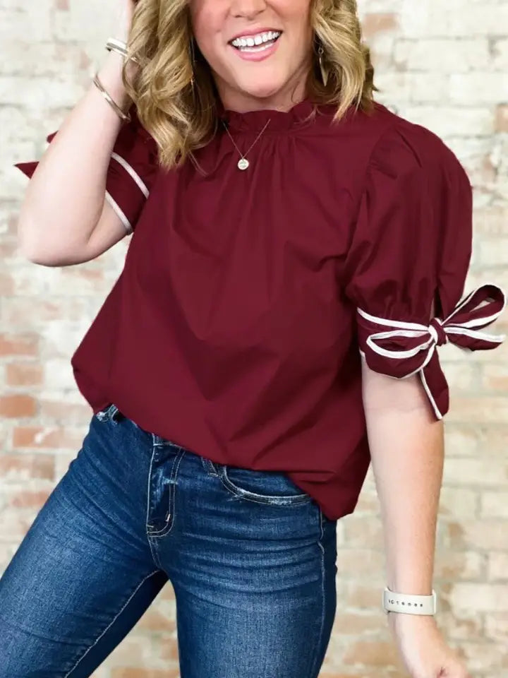 Mock Neck Contrast Bow Detail Blouse Top