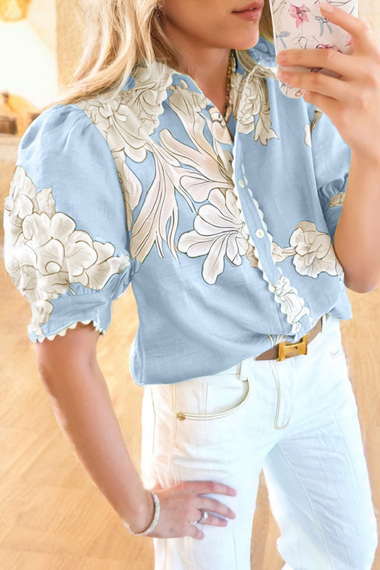Floral Ric Rac Edge Puff Sleeve Button Up Shirt