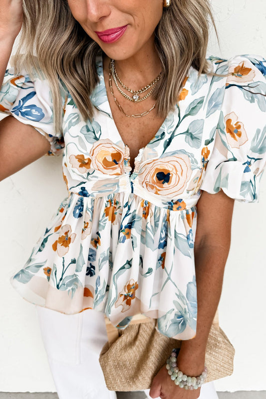 Floral Print Puff Sleeve V Neck Babydoll Blouse