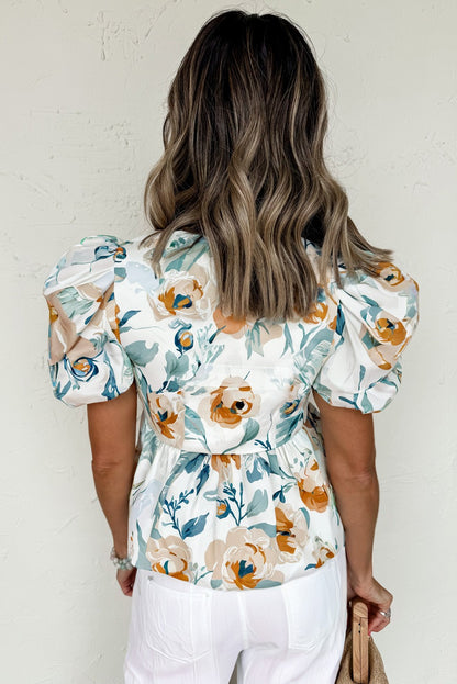 Floral Print Puff Sleeve V Neck Babydoll Blouse