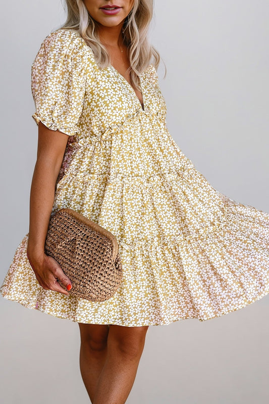 Floral Short Sleeve V Neck Frill Tiered Mini Dress