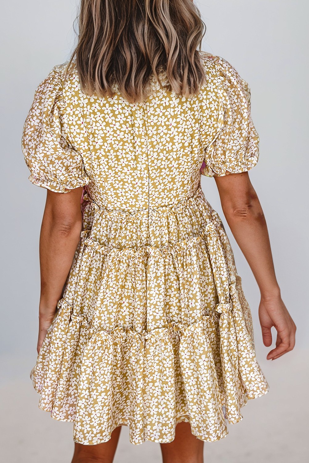 Floral Short Sleeve V Neck Frill Tiered Mini Dress