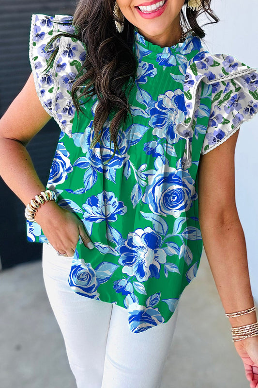 Green Floral Print Lace Trim Contrast Ruffle Sleeve Blouse