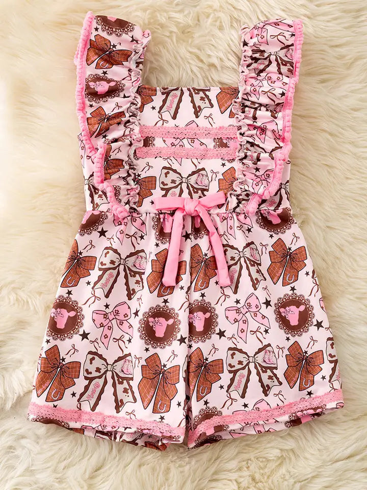 Coquette Western Bow Printed Pink & Brown Girls Romper