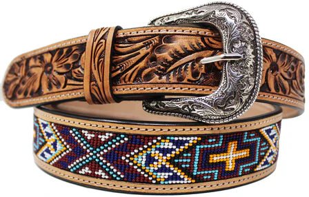 Western Two-Tone Floral Tooled Beaded Full-Grain Leather Belt