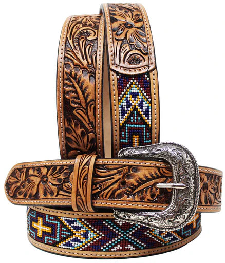 Western Two-Tone Floral Tooled Beaded Full-Grain Leather Belt