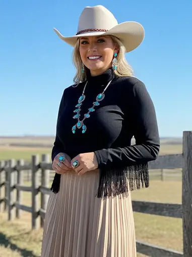 Western Black Crop Long Sleeve Fringe Top