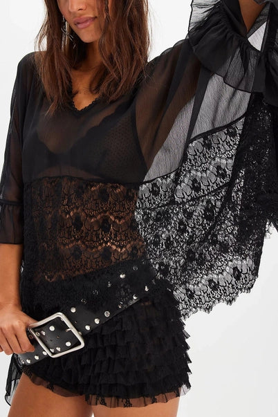 Floral Sheer Mesh Ruffle Poncho Cover-Up Oversized Top