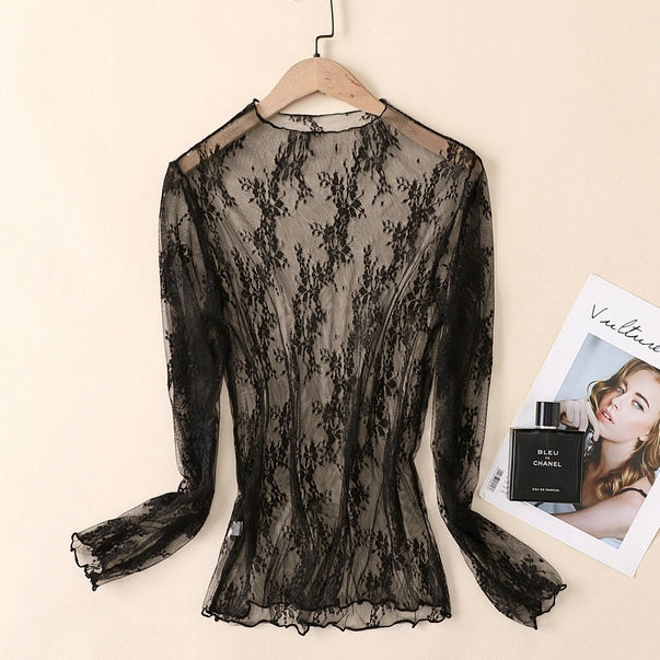 Semi Sheer Mesh Floral Lace Layering See Through Tops