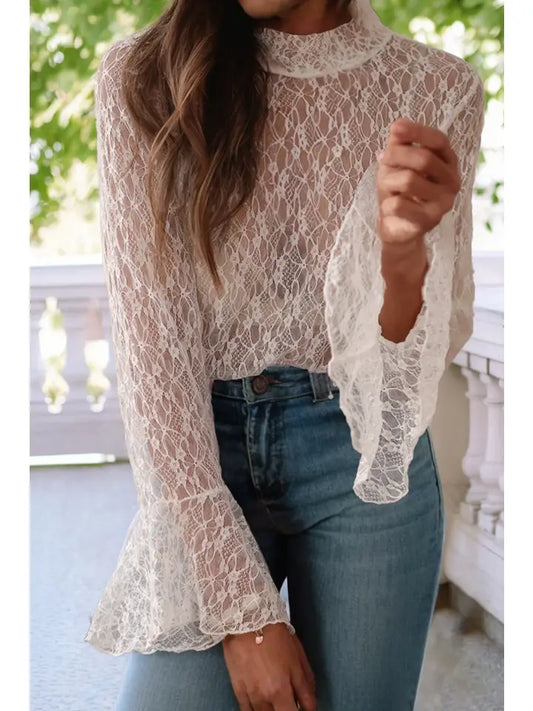 Sheer Lace Bell Sleeve Mock Neck Blouse