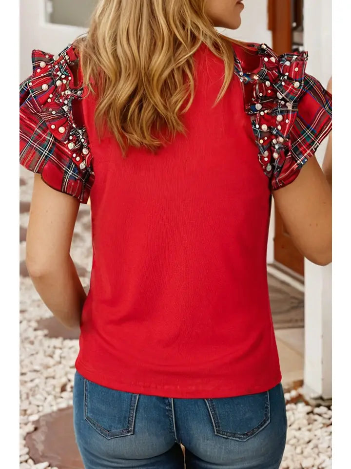 Red Plaid Pearl Ruffle Short Sleeve Shirt