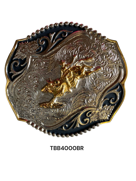 TOOLED BULL RIDER BELT BUCKLE