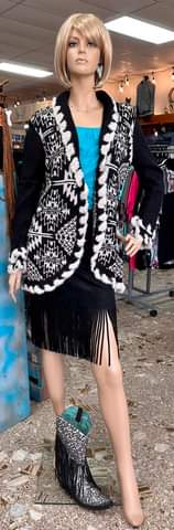 ROCK&ROLL BLACK  AZTEC CARDIGAN WITH FUR LACING