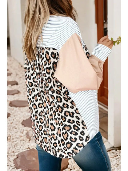 Leopard Patchwork Chest Pocket Buttoned Sleeve Shirt